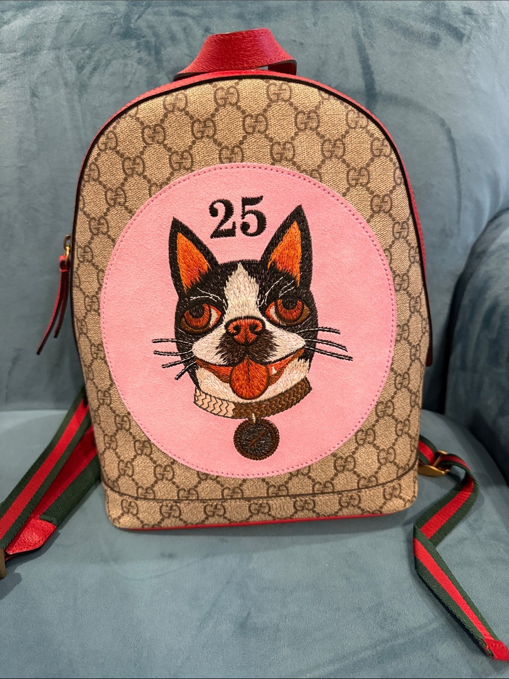 Gucci Beige Monogram Backpack with Pink Cat Patch and Red Trim